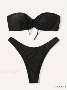 Lasaky - Premium Black Tie Front Bandeau 2 Piece Bikini Set: Stylish Hollow High-Stretch Solid Color V-String Swimsuit, Ideal for Beach and Pool Excursions, Exquisite Womens Swimwear & Clothing Summer Beach Outfit, Bandeau Bra, Swimwear Outfit, Kids Sleepwear, Bra Tops, Women Swimsuits, Womens Swimwear, Women Clothing, Women Clothes Sale