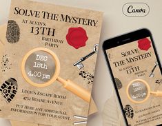 an old - fashioned magnifying glass is displayed next to two flyers for a mystery party