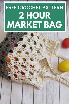 a crochet bag with the text, free crochet pattern 2 hour market bag