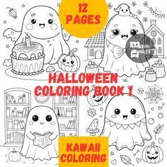 halloween coloring book with two cute cartoon ghostes and pumpkins in front of them