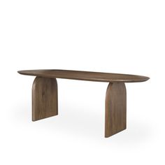 an oval wooden table with two legs and a curved top, against a white background