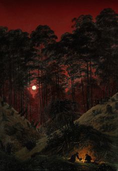 a painting of people sitting at a campfire in the woods under a red sky