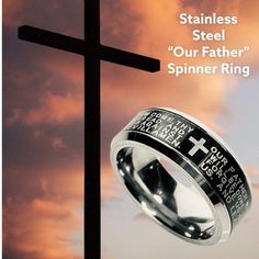 "This handsome stainless steel cross ring is both meaningful and stylish. This ring may also be gifted for a boyfriend, RCIA, Easter, Adult Baptism, birthday, or holiday.  It's a piece of jewelry he will treasure for years to come. The Lord's Prayer that is on the ring is the following: \"Our Father, who art in heaven, hallowed be thy name; thy kingdom come, thy will be done on earth as it is in heaven. Give us this day our daily bread, and forgive us our trespasses as we forgive those who tresp Easter Adult, Ring For Men Silver, Confirmation Gifts For Boys, Christian Ring, Adult Baptism, Prayer Ring, Boys First Communion, Our Father Who Art In Heaven, Engraved Cross