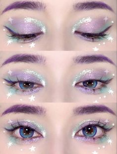 Fairy Eye Makeup Looks, Collarbone Makeup, Makeup Looks On Small Eyes, Creative Eye Makeup Hooded Eyes, Narrow Eyes Makeup, Makeup Looks Extra, Casual Colorful Eye Makeup, Colorful Blush, Star Inspired Makeup