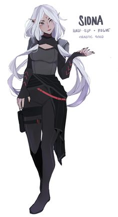 a drawing of a woman with white hair and black clothes, holding her hands out