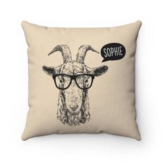 a pillow with a goat wearing glasses and the word sophiie on it's side