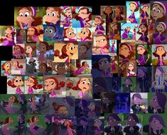 many different pictures of cartoon characters in various poses and sizes, all with their heads turned to the same person