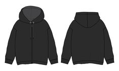 Long sleeve Hoodie technical fashion flat sketch vector illustration Black Color template front and back views. Color Template, Black Rain Jacket