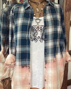 ✨ReLeasing another bleached flannel for the upcoming fall season✨ soft and comfy flannel with ombre bleached bottom  looks super cute 2 ways, belted or open with your fav laryered necklaces!   size L message with questions shipping is ground tracked insured Bleach Flannel Shirt Diy, How To Bleach Flannel Shirts Plaid, Bleached Flannels With Vinyl, Flannel Shirts Bleached, Reworked Flannel, Flannel Shirts With Rock Bands T- Shirts Sewen On, Flannel Shirt Refashion, Upcycled Flannel, Umgestaltete Shirts