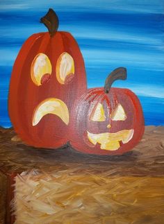 an acrylic painting of two pumpkins with faces painted on them sitting in hay