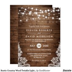 the rustic wood and string lights wedding card is displayed on top of a wooden background