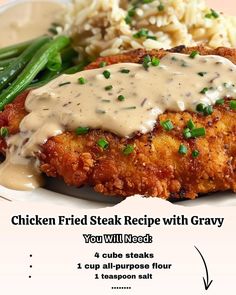 chicken fried steak recipe with gravy on a plate