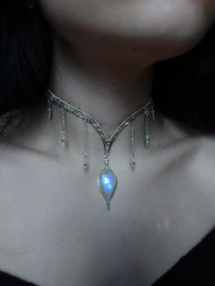 Silver And Stone Jewelry, Glowing Jewelry, Elven Necklace, Chandelier Necklace, Necklace Fairy, Elven Jewelry, Sterling Silver Choker, Fairy Jewelry