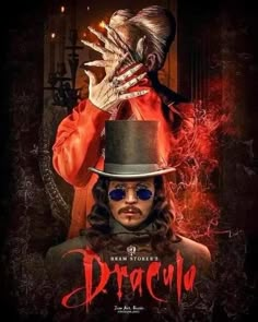 a man in a top hat and sunglasses holding his hands up to his face with the word dracula on it