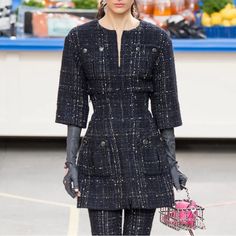 Chanel Fall 2014 Collection By Karl Lagerfeld Size Fr 44 Chanel Tent Dress Black With Interlocking Cc Logo & Tweed Pattern. Three-Quarter Sleeve With Scoop Neckconcealed Zip Closure At Front Bust: 34" Waist: 31.75" Hip: 35" Length: 35.75" Fabric: 60% Wool, 25% Mohair, 5% Acrylic, 5% Polyamide, 5% Viscose; Lining 100% Silk Size: Us12, Fr44 Chanel Little Black Dress, Chanel Fall 2014, Dresses Chanel, Black Tweed Dress, Chanel Dresses, Dots Dress, Tweed Pattern, Chanel Dress, Tent Dress