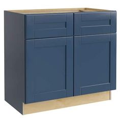 a blue cabinet with two doors and one drawer on the bottom, is shown in front of a white background