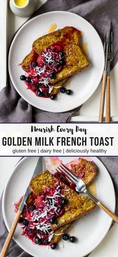 two plates with french toast covered in blueberries and raspberry compote