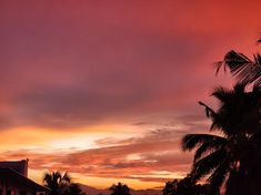 the sky is pink and orange as the sun sets in the distance behind some palm trees