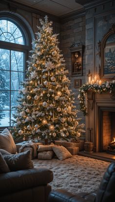 a living room with a christmas tree in the corner and candles lit on the fireplace