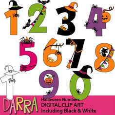 the numbers are decorated with halloween costumes and pumpkins for this digital clip art activity