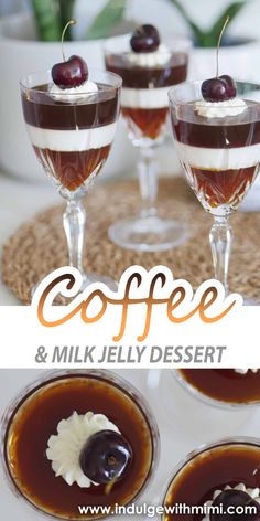 coffee and milk jelly dessert with cherries on the top, served in small glasses