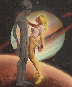 an alien standing next to a woman on top of a red planet