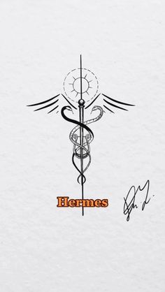 a drawing of a medical symbol with the name hermes written in orange on it