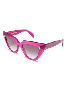 fuchsia pink acetate cat-eye frame grey tinted lenses UV protection straight arms curved tips These glasses come with a protective case. Pink Gradient Sunglasses In Acetate, Elegant Pink Acetate Sunglasses, Pink Acetate Sunglasses With Mirrored Lenses, Pink Mirrored Sunglasses For Evening, Pink Tinted Acetate Sunglasses, Pink Sunglasses With Uv Protection, Pink Tinted Sunglasses For Evening, Cutler And Gross, Cat Eye Frames