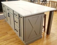 a kitchen island with two stools in front of it