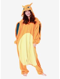 a woman in an orange pokemon onesuit