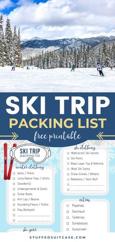 the ski trip packing list is shown in blue and white with snow covered mountains behind it