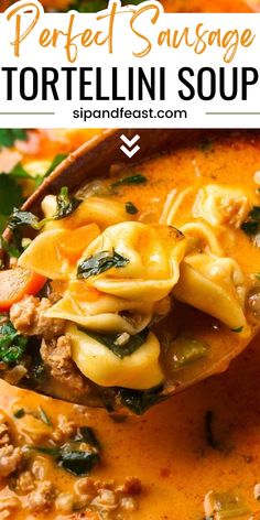 a spoon full of tortellini soup with spinach and sausage