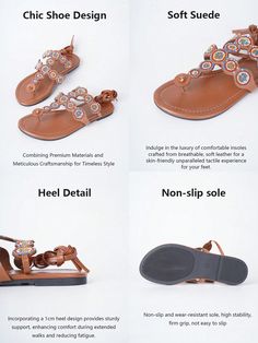 Type : Thong Sandals Introducing our Fashionable Vacation Style Strappy Brown Flat Sandals for Women. With chic faux pearl accents and a comfortable flat design, these sandals are perfect for spring, autumn, and summer. Elevate your fashion game while staying comfortable all day long. Color : Brown Style : Vacation Pattern Type : Tribal Toe : Toe Post Details : Beaded Upper Material : PU Leather Lining Material : Polyester Insole Material : PU Leather Outsole Material : Rubber Brown Flat Sandals, Flat Sandals For Women, Brown Flats, Boot Print, Brown Style, Canvas Shoes Women, Comfortable Flats, Vacation Style, Sandals For Women