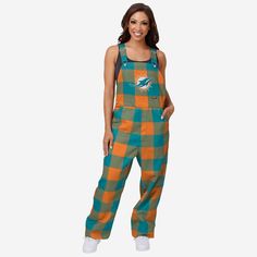 Miami Dolphins Womens Plaid Bib Overalls FOCO XS - FOCO.com