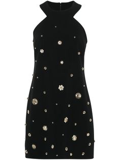 black crepe texture gold-tone stud embellishment floral appliqué with crystal embellishment sun-shape stud embellishment dart detailing halterneck sleeveless concealed rear hook and zip fastening thigh-length straight hem full lining Dress Embellishments, Clothing Upcycle, Upcycle Ideas, Studded Dress, Black Outfits, Mini Dress Black, Halterneck Dress, Crystal Embellishment, Embellished Dress