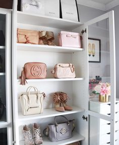 the closet is full of purses and handbags