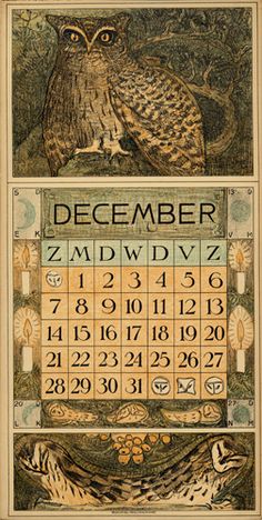 a calendar with an owl sitting on it's back and the words december written in english