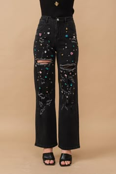 High waisted Rhinestone Embellishment Straight cut Denim Jeans featuring distressing. Also features stretch. Super comfortable and SUPER cute! Fabric: 78% Cotton 20% Poly 2% Spandex Denim With Rhinestones, Blue Jeans Goth Outfit, Diy Embellishments Clothes, Rhinestone Outfit Ideas, Taylor Swift Jeans, Designed Pants, Funky Jeans, Celestial Fashion, Styling Jeans