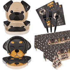 a set of tableware with a pug on it