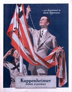 an advertisement for kruppeneiner clothing featuring two men holding american flags in their hands