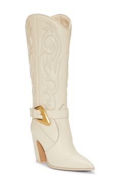 A golden buckle ups the glam of a Western-inspired boot featuring a pointy toe, notched topline and classic embroidery. 3 1/2" heel 11" shaft; 15 3/4" regular calf circumference 11" shaft; 16 3/4" wide calf circumference Side zip closure Leather upper/synthetic lining/rubber sole Imported Spring Pointed Toe Boots With Buckle Closure, Western Snip Toe Fitted Heels, Western Fitted Snip Toe Heels, Western Snip Toe Heels, Fitted Western Heels With Snip Toe, Western Style Fitted Snip Toe Heels, Elegant Spring Boots With Buckle Closure, Chic Gold Boots With Sculpted Heel, Pointed Toe Boots With Buckle Closure