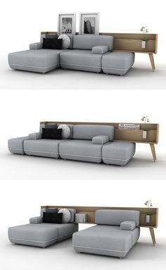 three different views of a couch and table