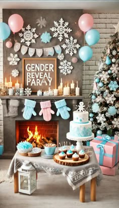 a table topped with cupcakes and cakes next to a fireplace covered in snowflakes