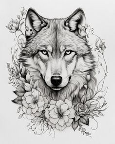 a drawing of a wolf surrounded by flowers