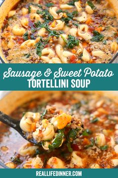 sausage and sweet potato tortellini soup in a pot with a spoon full of pasta