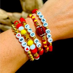 7 In Stretch Bracelet. Dice Bracelet Jewelry, Thanksgiving Bracelets Clay Beads, Chiefs Beaded Bracelet, Football Bracelet Ideas, Kansas City Chiefs Bracelets, Game Day Bracelets, Red Beaded Bracelets With Letter Beads For Game Day, Nfl Bracelets, Chiefs Bracelet Ideas