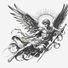 Angel Statue Tattoo Men, Gods Angel Tattoo, Stencil Arm Tattoo, Raphael Angel Tattoo, St Gabriel Tattoo, Guardian Angels Tattoo, Saint Sebastian Tattoo, St Michael Drawing