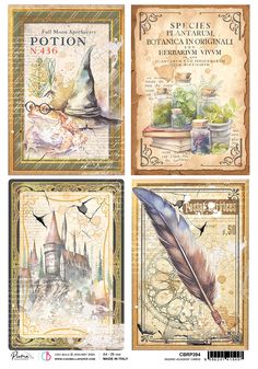 four harry potter themed cards with the hog potter's hat and quill on them