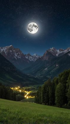 the full moon shines brightly in the night sky over a mountain valley with green grass and trees