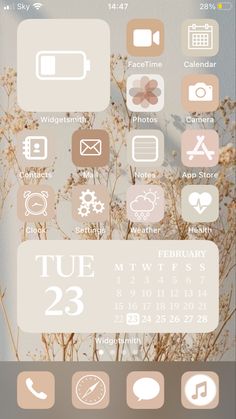 an iphone screen with various icons and numbers on the front, including flowers in the background